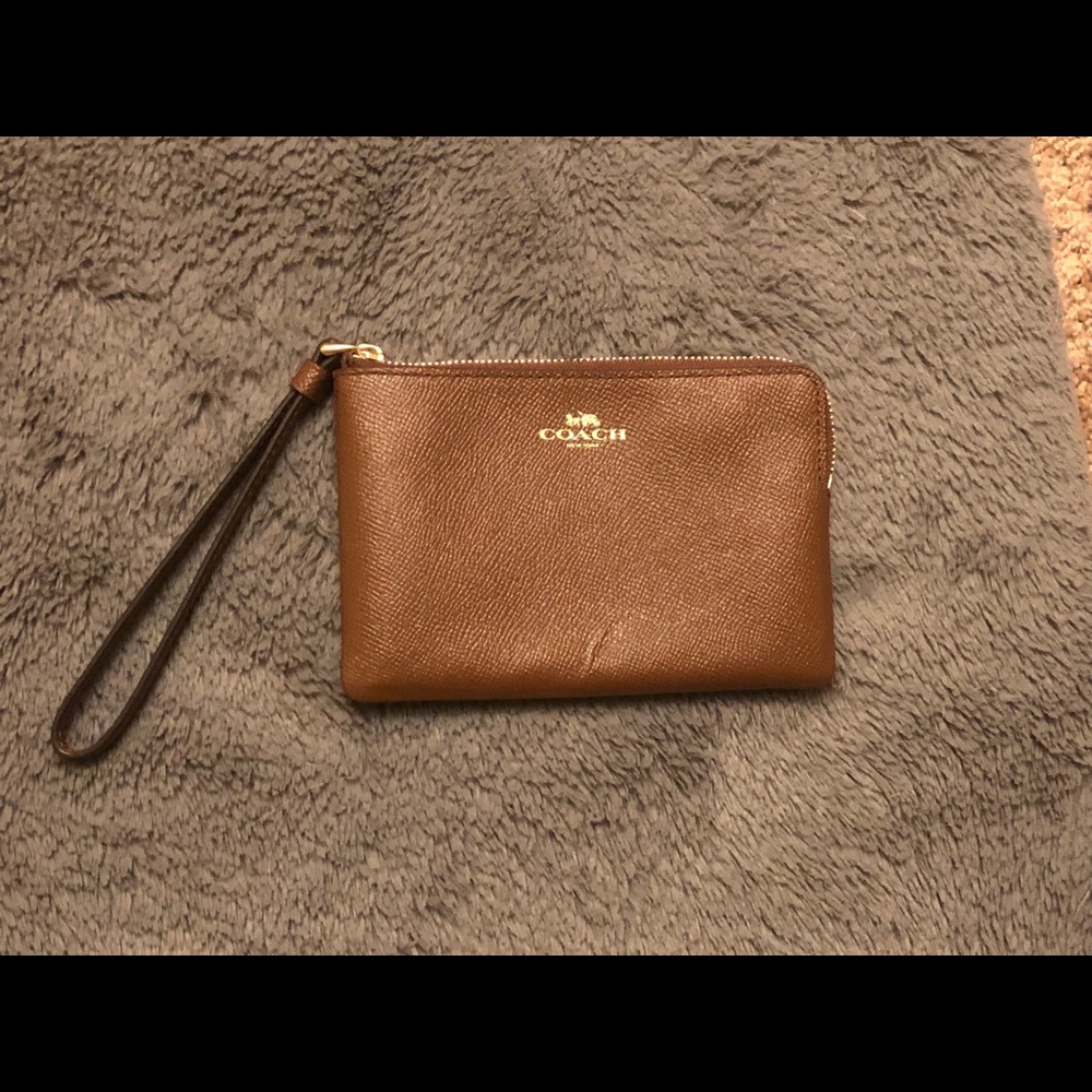 Coach Corner Zip Wristlet- Brown Leather
